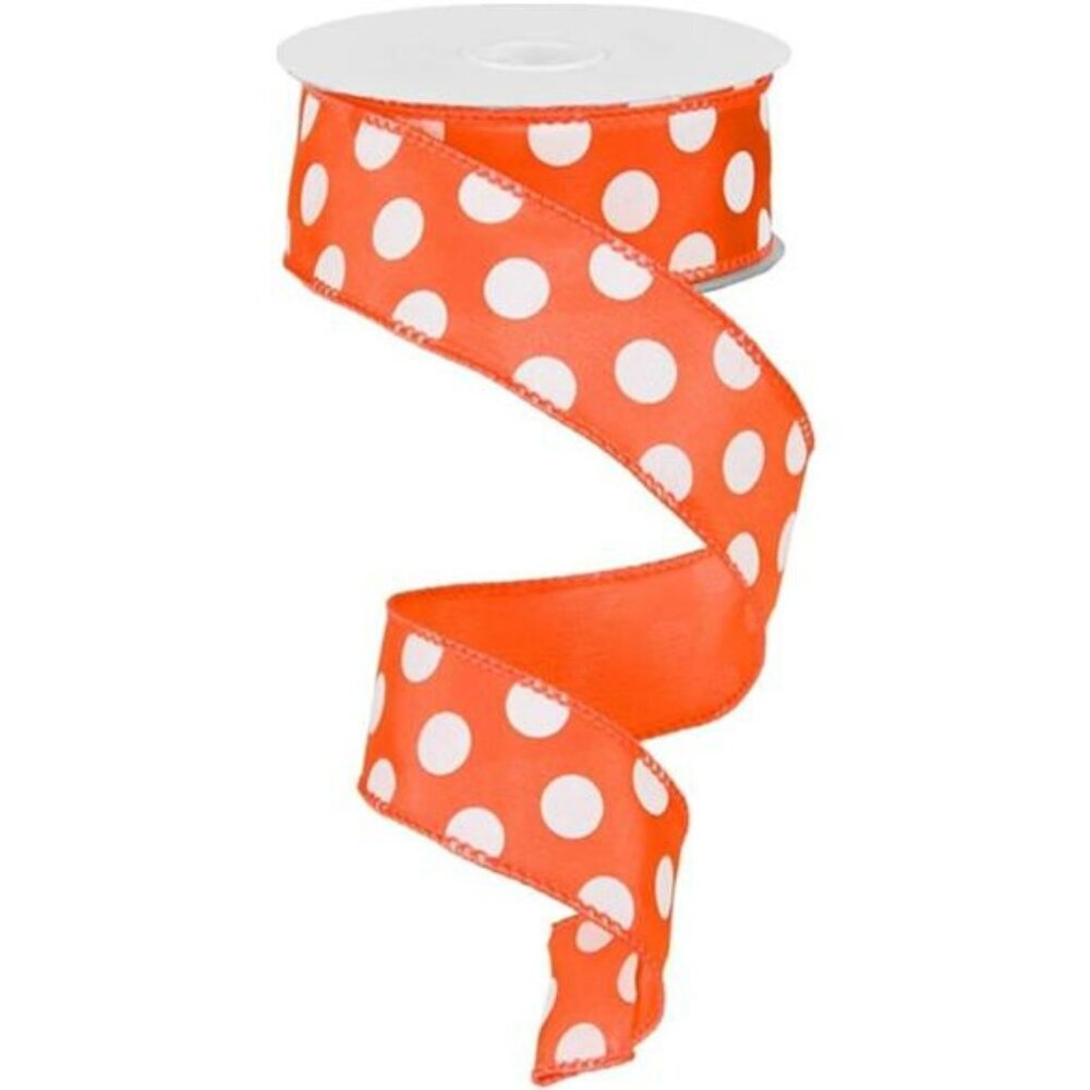 Orange White Polka Dot Wired Ribbon 1 5 Inch x 30 Feet for Wreaths Bows Crafts